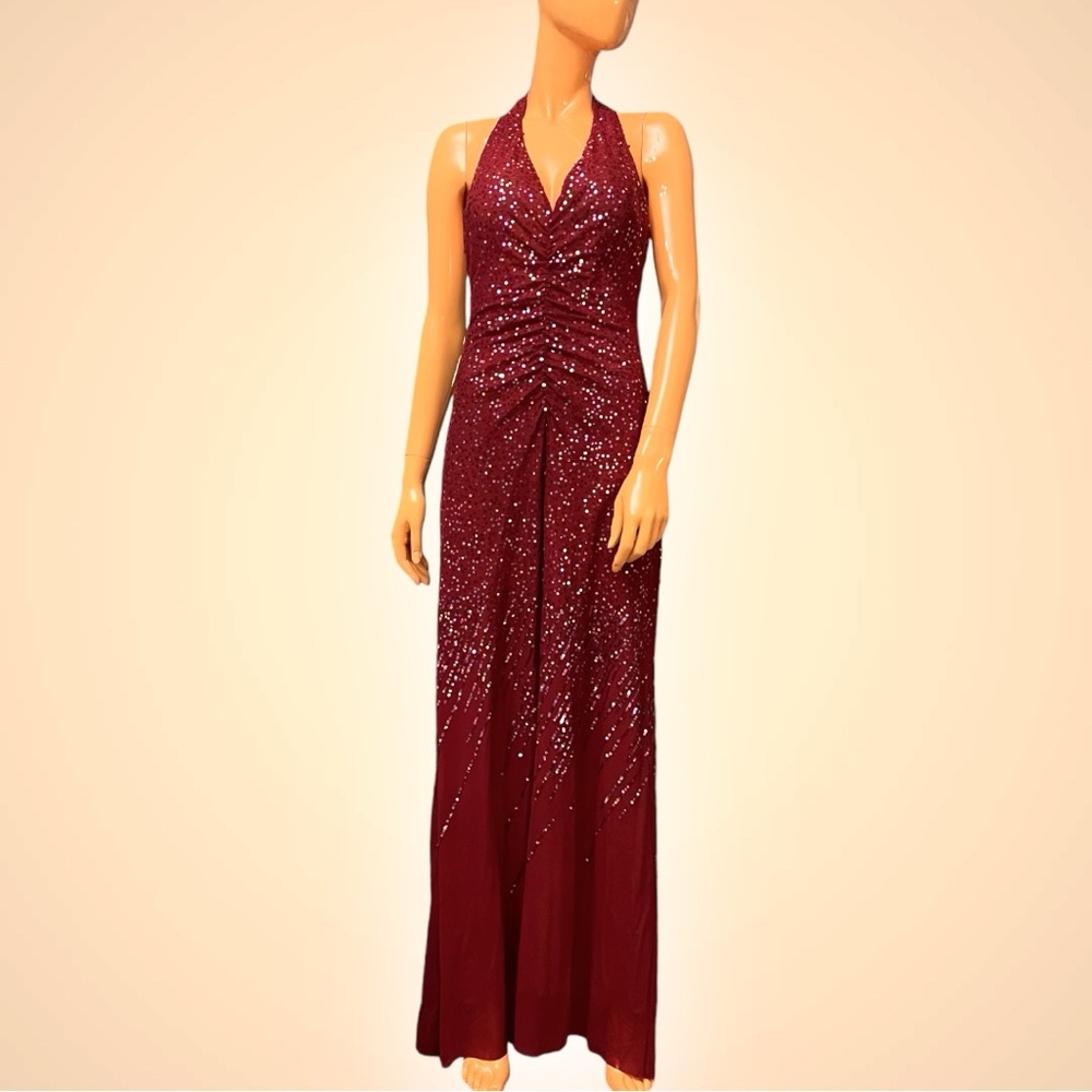 BCBGMaxAzria Sequined Halter Gown Wedding Guest